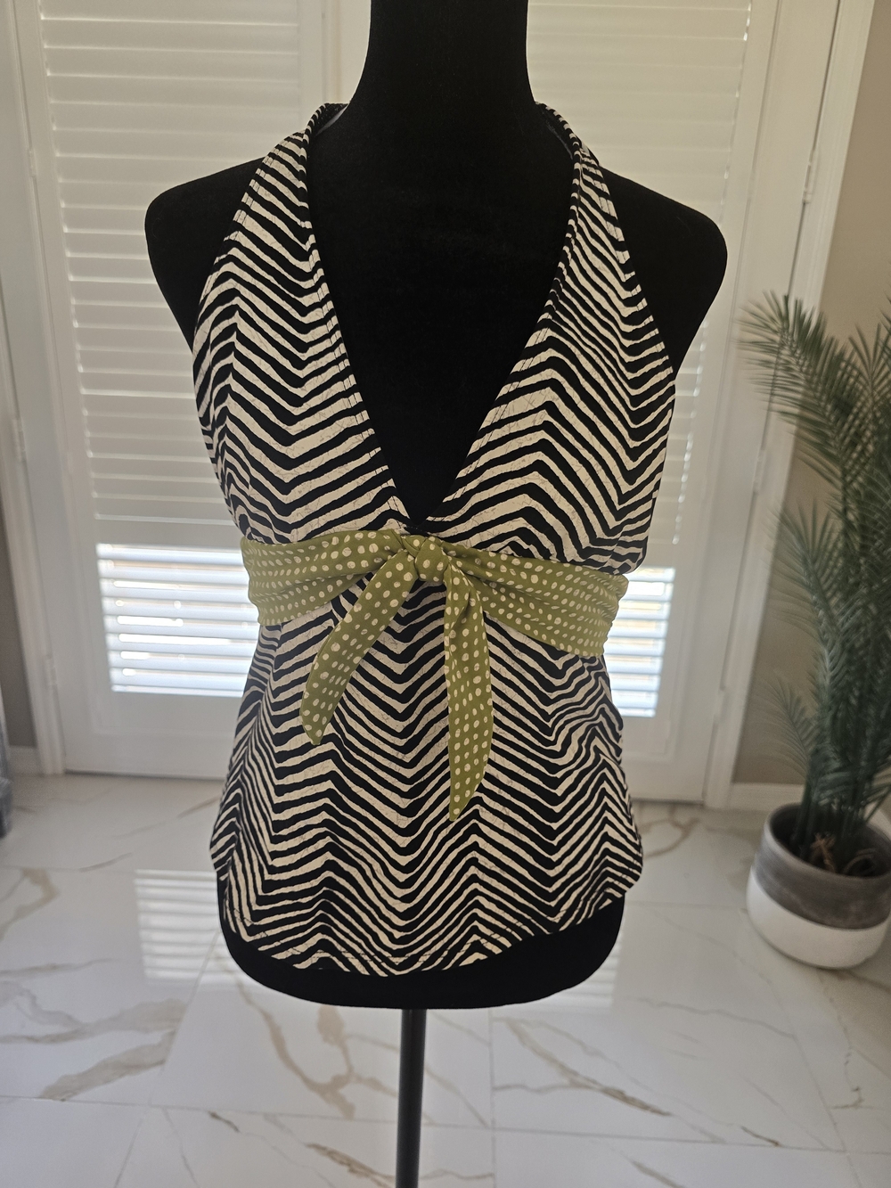 Zebra-Print Halter Swim Camisole with Olive Polka Dot Sash